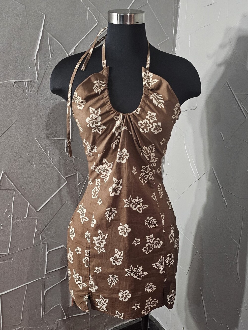 Brown Floral Halter Mini Dress with Cream Print - xsmall
